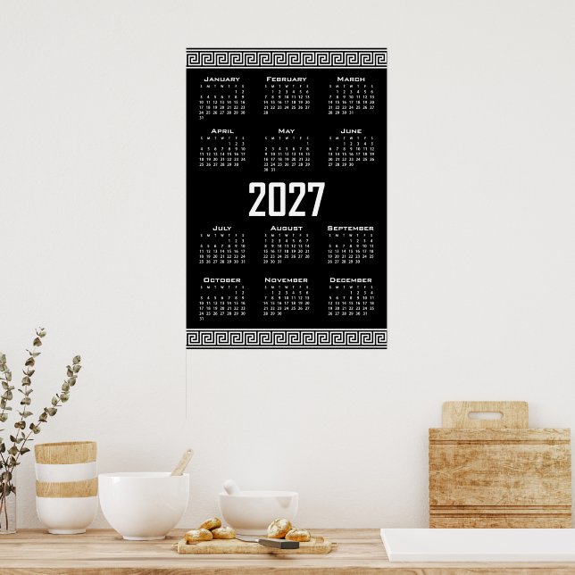 2027 Kalender, Grekisk Fret, Vit på Svart Poster (Kök)
