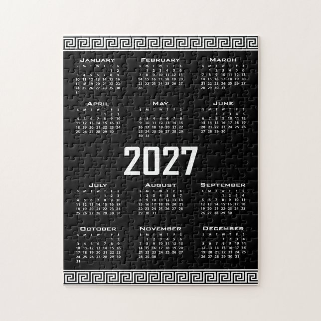 2027 Kalender, Grekisk Fret, Vit på Svart Pussel (Vertikal)