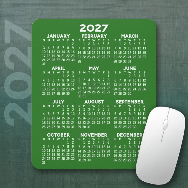 2027 Kalender - grön bakgrund - Vertikal  Musmatta (2027 Calendar Mousepad)