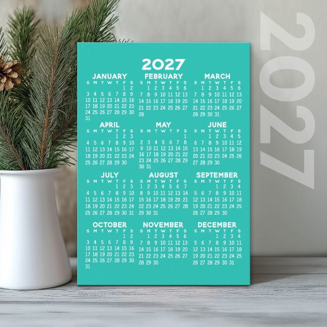2027 Kalender - Grundläggande Aqua Minimal Julkort (2027 Calendar card)