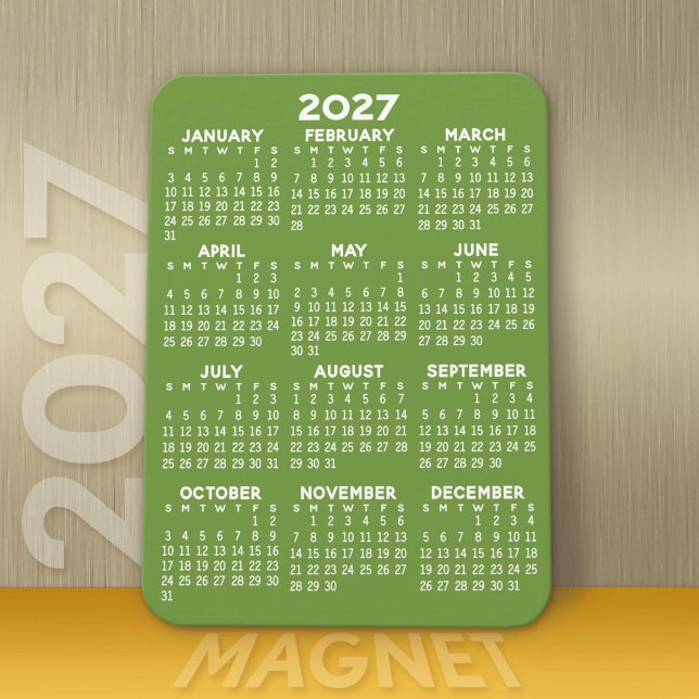 2027 Kalender - Grundläggande Minimal Grön Vit Mod Magnet (Modern 2027 Calendar Magnet)