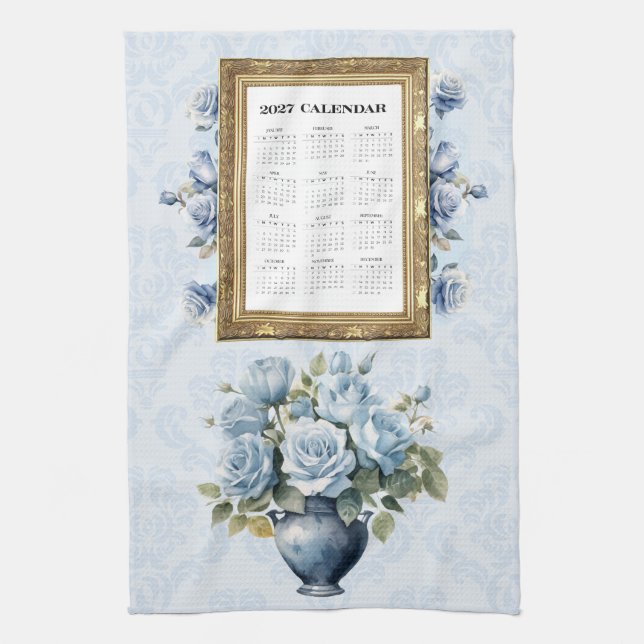 2027 Kalender Handduk Blå Ros Kökshandduk (Vertikal)