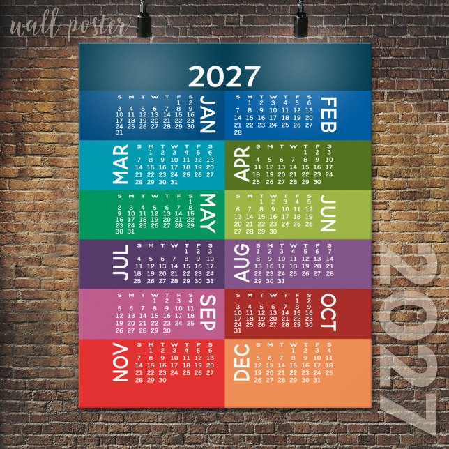 2027 Kalender - Hela Året - funkiga färgglada måna Poster (2027 Calendar Poster)