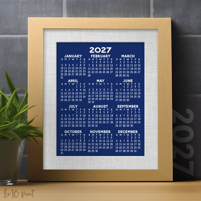 2027 Kalender - helårsvy vertikal - Blå Fototryck (8x10 Print with a 2027 Calendar - perfect to frame in your home or office)