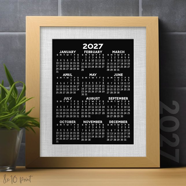 2027 Kalender - helårsvy vertikal - Svart Fototryck (8x10 Print with a 2027 Calendar - perfect to frame in your home or office)