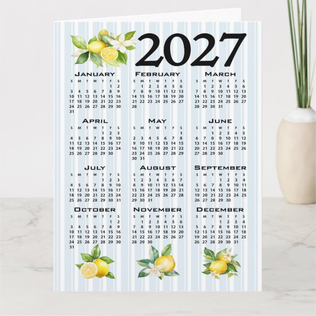 2027 Kalender Italiensk Stil Citroner Blå Ränder Kort (Framsida)