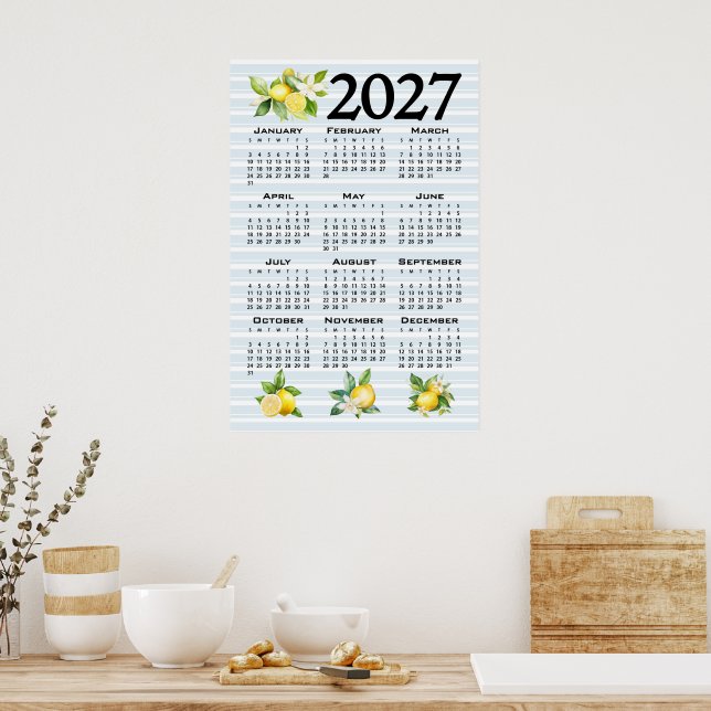 2027 Kalender Italiensk Stil Citroner Blå Ränder Poster (Kök)