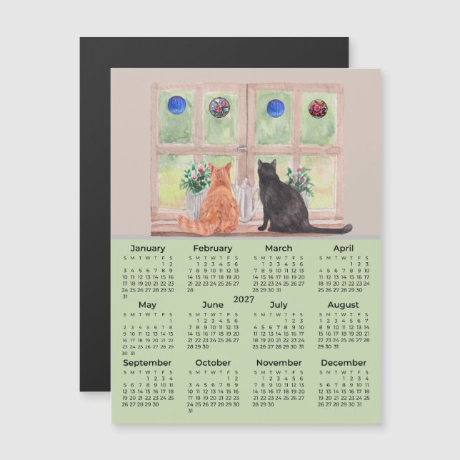 2027 Kalender Katter i fönstret kalender magnet (Fram/baksida)
