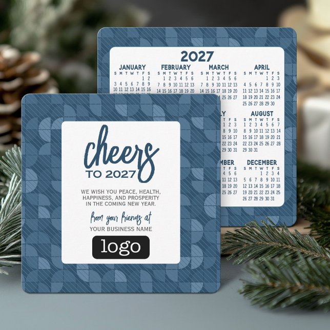 2027 Kalender, Logotyp, Skål Blå Affärs Hälsning Julkort (2027 Calendar - Small Business Holiday Greeting Card)