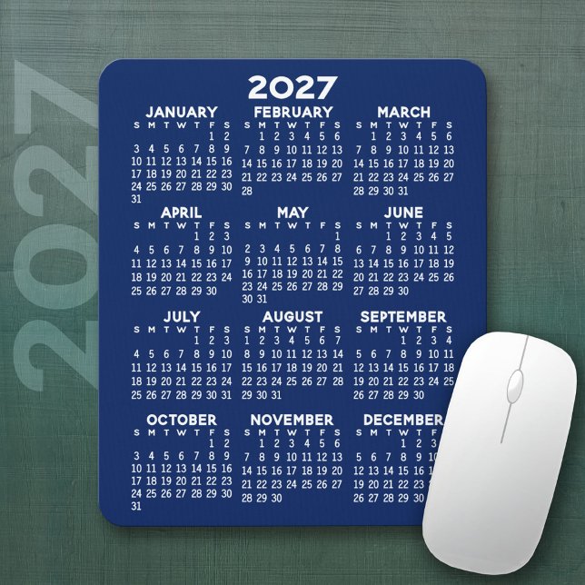 2027 Kalender - marinblå bakgrund - Vertikal  Musmatta (2027 Calendar Mousepad)