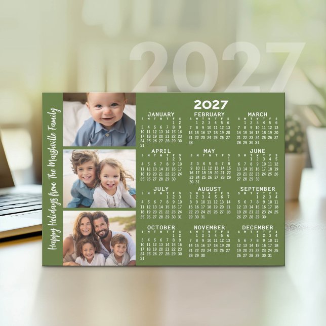 2027 Kalender med 3 Fotos Kollage - grön Julkort (2027 calendar as a holiday card)