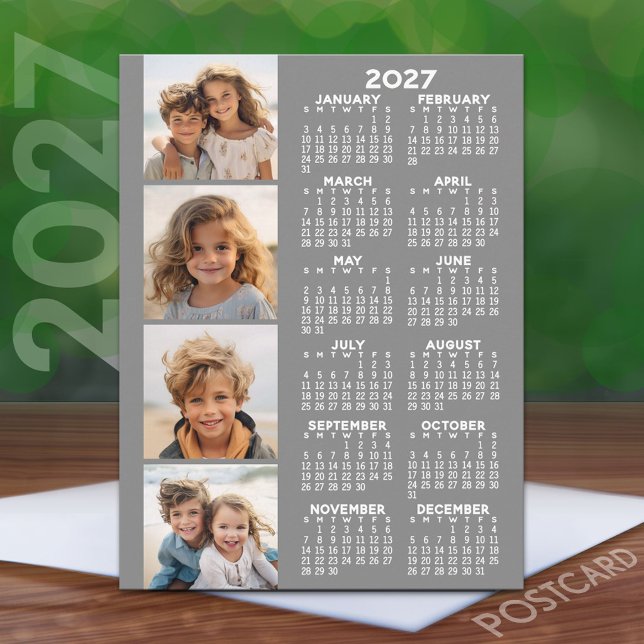 2027 Kalender med 4 Foto Collage - Grå Vykort (2027 Calendar on a Postcard)