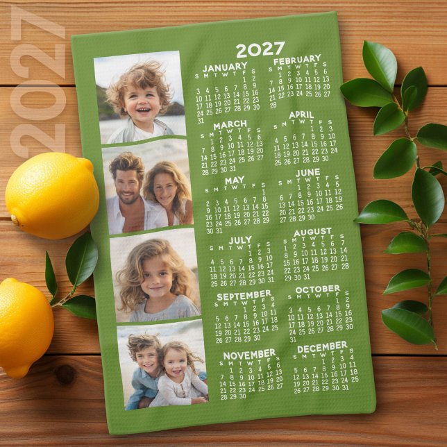 2027 Kalender med 4 Foto Collage - Grön Kökshandduk (2027 Calendar on a Kitchen Towel)
