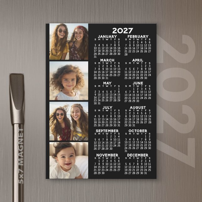 2027 Kalender med 4 Foto Collage Magnetisk Kort (2027 Calendar Magnet)