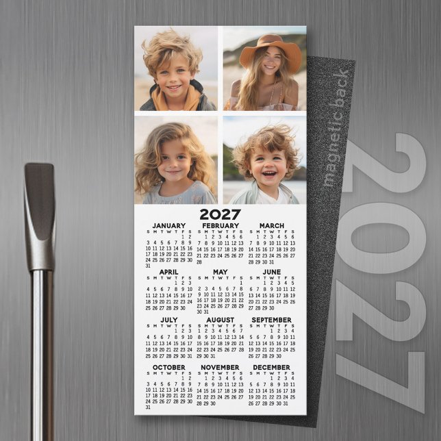 2027 Kalender med 4 Foto Collage - Modern Magnet (2027 Calendar Magnet with Photo Option - Great Refrigerator Magnet Calendars)