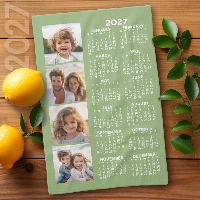 2027 Kalender med 4 Fotocollage - Sagegrön Kökshandduk (2027 Calendar on a Kitchen Towel)