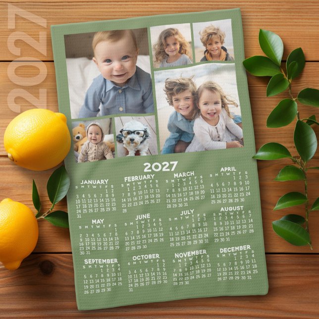 2027 Kalender med 6 Foto Collage - Sälggrön Kökshandduk (2027 Calendar on a Kitchen Towel)