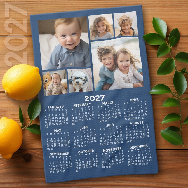 2027 Kalender med 6 Fotokollage - Blå Kökshandduk (2027 Calendar on a Kitchen Towel)