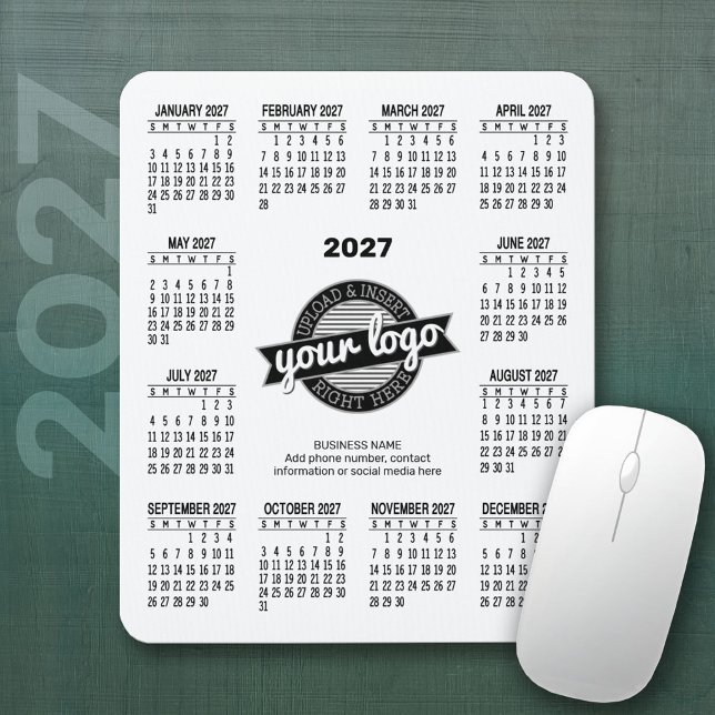 2027 Kalender med logotyp, Kontaktinformation Vit Musmatta (2027 Calendar Mousepad)