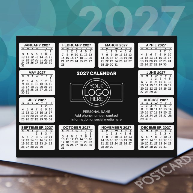 2027 Kalender med logotyp Kontaktinformation Vykort (2027 Calendar on a Postcard)