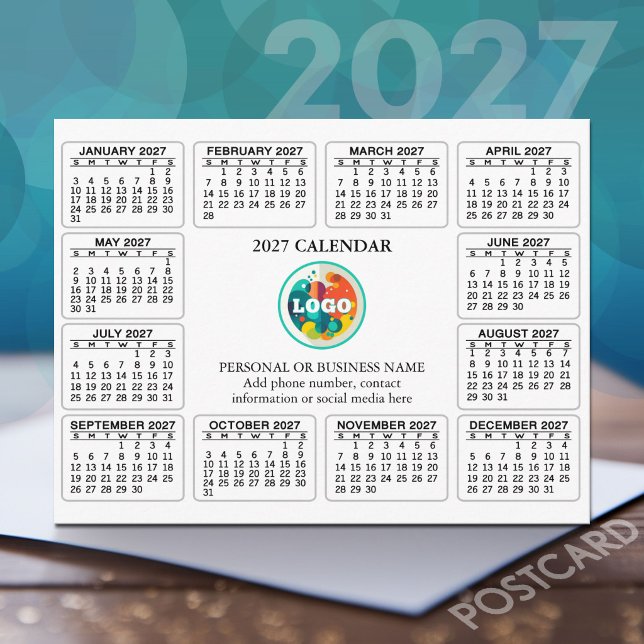 2027 Kalender med logotyp Kontaktinformation Vykort (2027 Calendar on a Postcard)