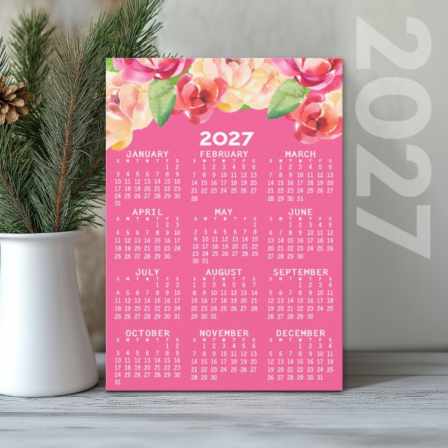 2027 Kalender med målade akvarellblommor Inbjudningar (2027 Calendar Holiday Card)