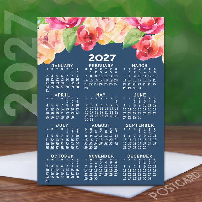 2027 Kalender med målade akvarellblommor Vykort (2027 Calendar on a Postcard)