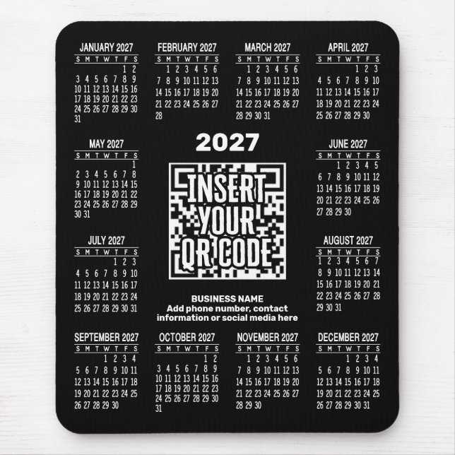 2027 Kalender med QR-kod Kontaktinformation Svart Musmatta (Framsidan)