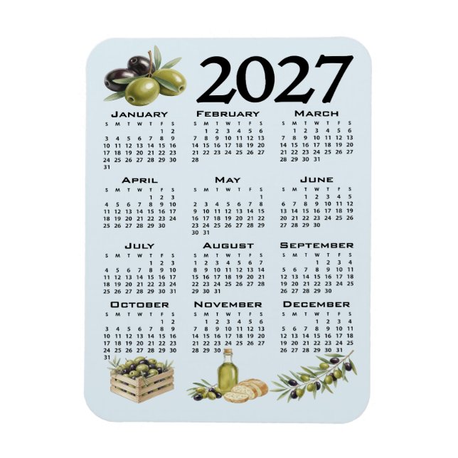2027 Kalender, Medelhavsoliver, Blå Magnet (Vertikal)