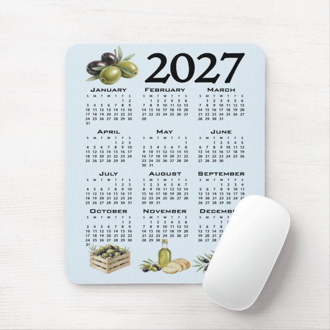 2027 Kalender, Medelhavsoliver, Blå Musmatta (Med mus)