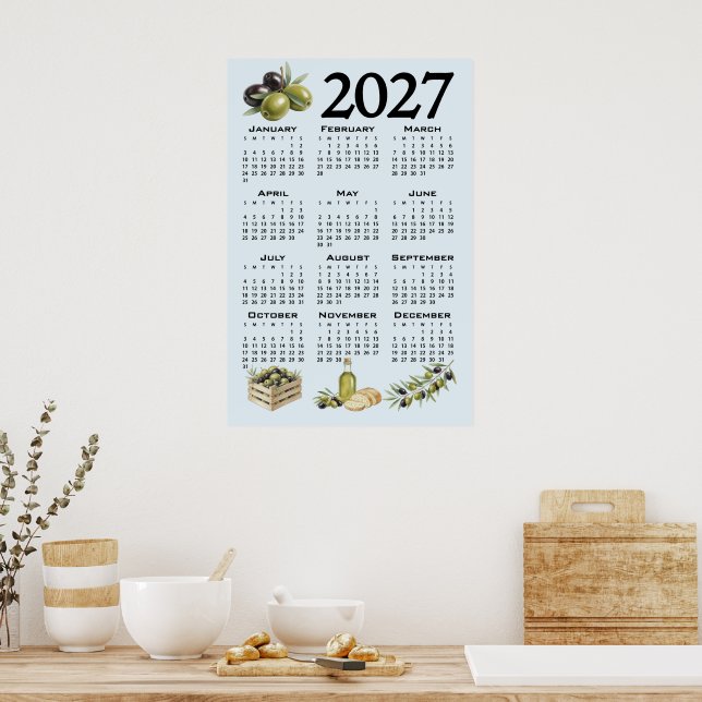 2027 Kalender, Medelhavsoliver, Blå Poster (Kök)
