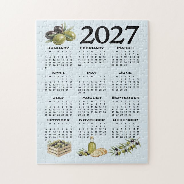 2027 Kalender, Medelhavsoliver, Blå Pussel (Vertikal)