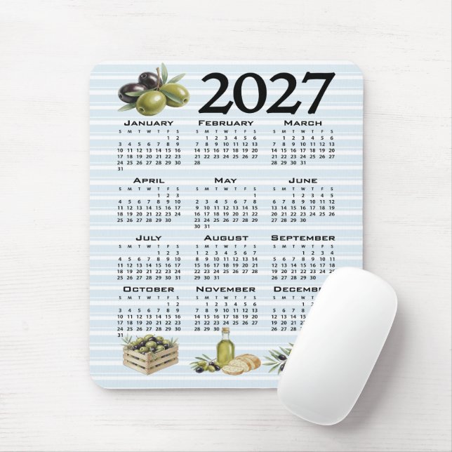 2027 Kalender, Medelhavsoliver, Blå Ränder Musmatta (Med mus)