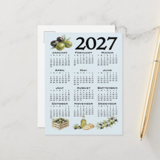 2027 Kalender, Medelhavsoliver, Blå Vykort
