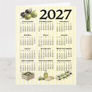 2027 Kalender, Medelhavsoliver gula ränder Kort