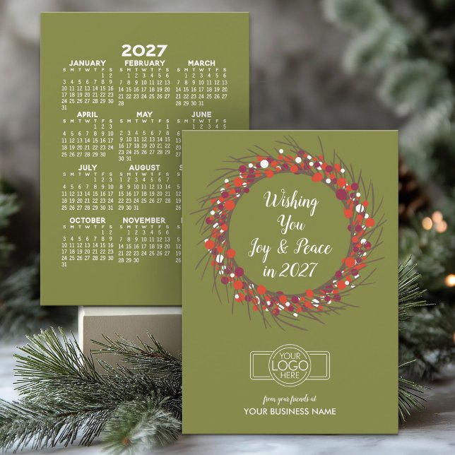 2027 Kalender Modern Glädje Fred Addera LOGO - För Julkort (Office Business Holiday Card with a 2027 Calendar)