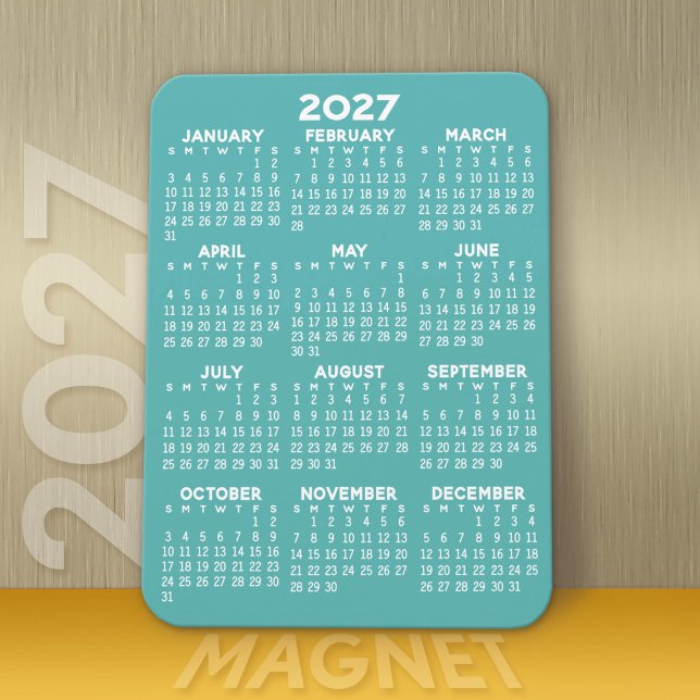 2027 Kalender - Modern, Minimal Aqua och Vit Magnet (Modern 2027 Calendar Magnet)