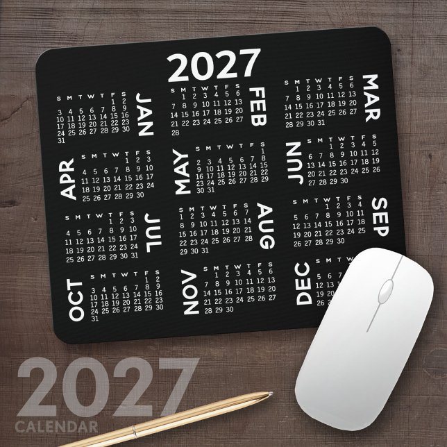 2027 Kalender - modern svart och vit enkel Musmatta (2027 Calendar Mousepad)