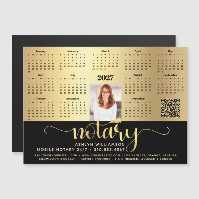 2027 Kalender Notarius Black Gold QR-kod Magnet (Fram/baksida)