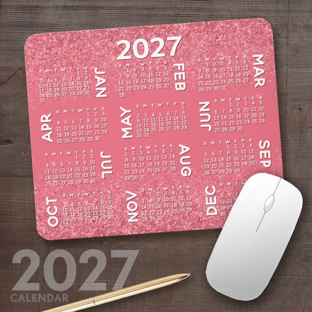 2027 Kalender - rosa glittertryck Musmatta (2027 Calendar Mousepad)