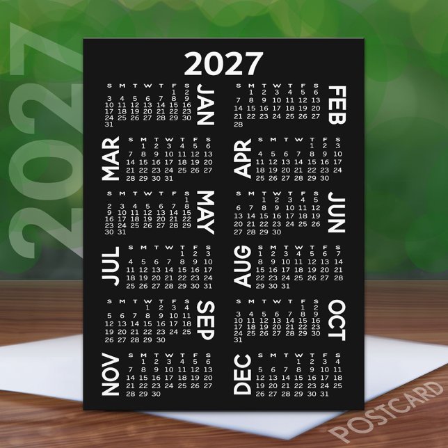 2027 Kalender - svart och vit offsetnamn Vykort (2027 Calendar on a Postcard)