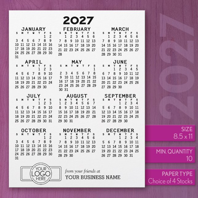 2027 Kalender Svart Vit Företag - Helgdag  Brevhuvud (2027 Calendar on US Standard Size Letter Paper)