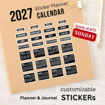 2027 Kalender svarta klistermärken söndagsvecka
