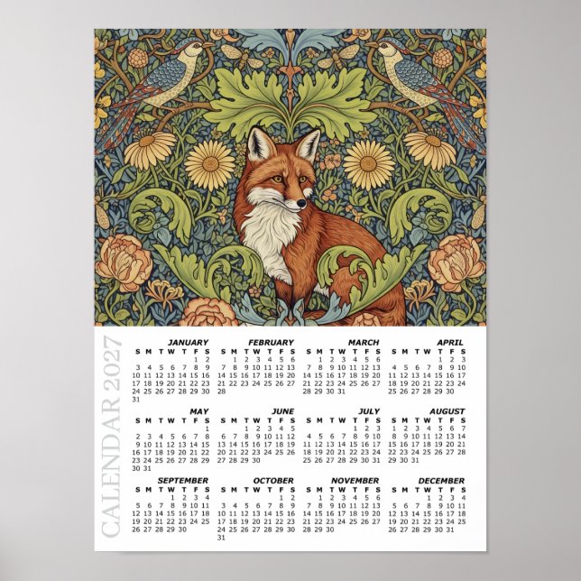 2027 Kalender, Trädgårdsräv, Härfågel, William Mor Poster (Framsidan)