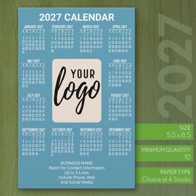 2027 Kalender Vertikal Logo Affärskontakt Blå Brevpapper (2027 Calendar Stationery Sheets - 5.5 x 8.5 with logo)