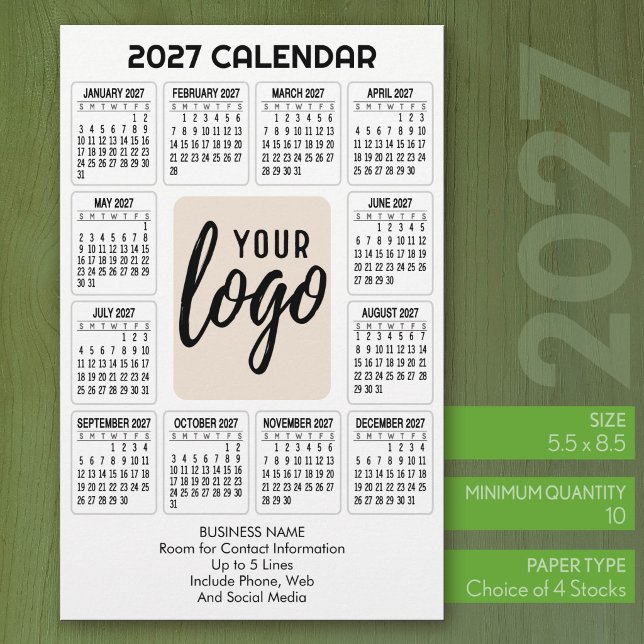 2027 Kalender Vertikal Logo Affärskontakt Vit Brevpapper (2027 Calendar Stationery Sheets - 5.5 x 8.5 with logo)