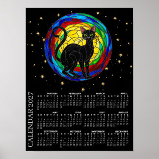 2027 Kalender, Vintage Svart Katt, Färgrik Mozaik Poster