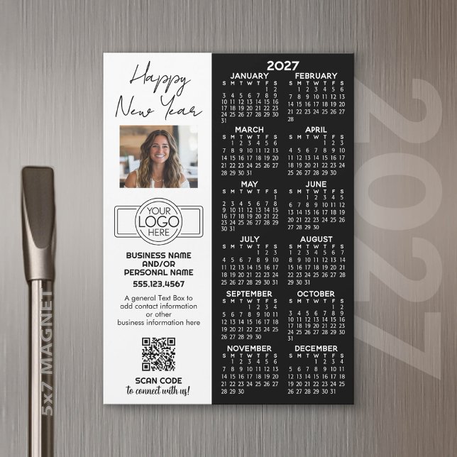 2027 Kalendermagnet - logotyp, QR-kod, Foto Plus (2027 Calendar Magnet for Business Promotion)