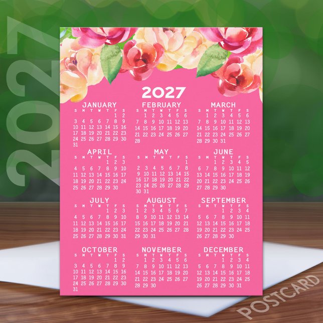 2027 Kalendern Målade Akvarell Blommor rosa Vykort (2027 Calendar on a Postcard)