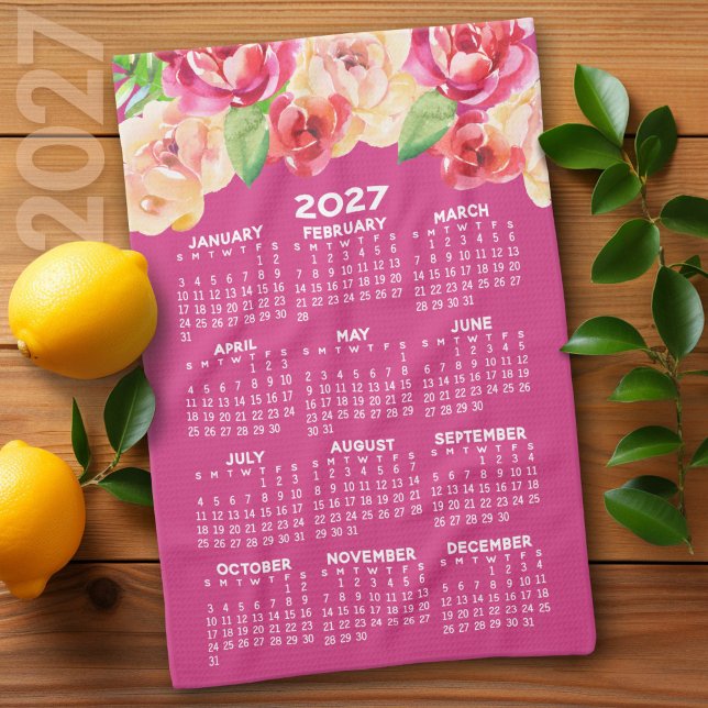 2027 Kalendern Målade Vattenfärg Blommor hetrosa Kökshandduk (2027 Calendar on a Kitchen Towel)